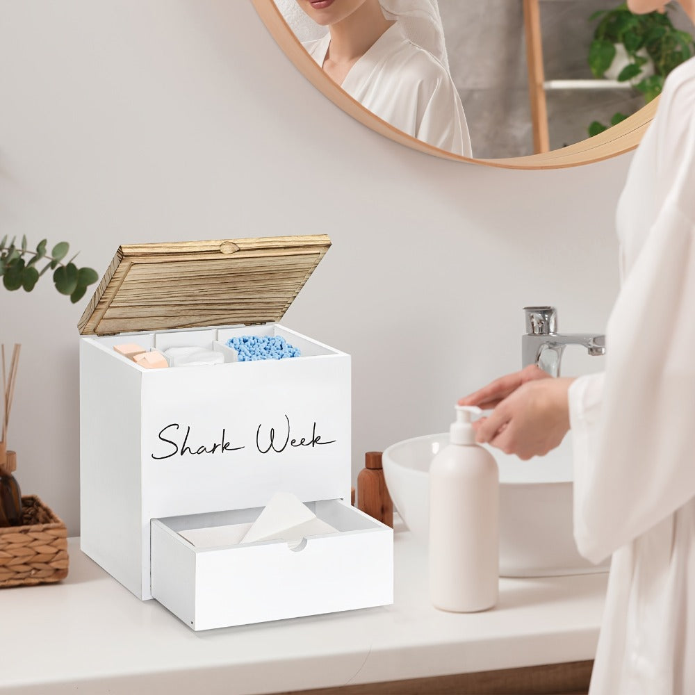 Tampon & Pad Organizer Box with Lid – Wooden Bathroom Storage Bin with Drawer, 3-Compartment Feminine Products Caddy