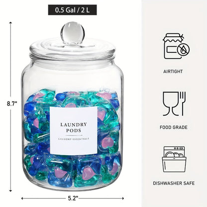 Airtight Glass Jars with Lids Labels and Spoons Half Gallon Storage Canisters for Laundry Detergent Pods Scent Booster Beads Kitchen Pantry