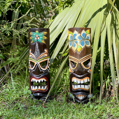Tiki Wall Masks Set of 2 – Hand Carved Wooden 20" Tropical Decor with Palm Tree & Plumeria Designs for Indoor Outdoor Patio Bar