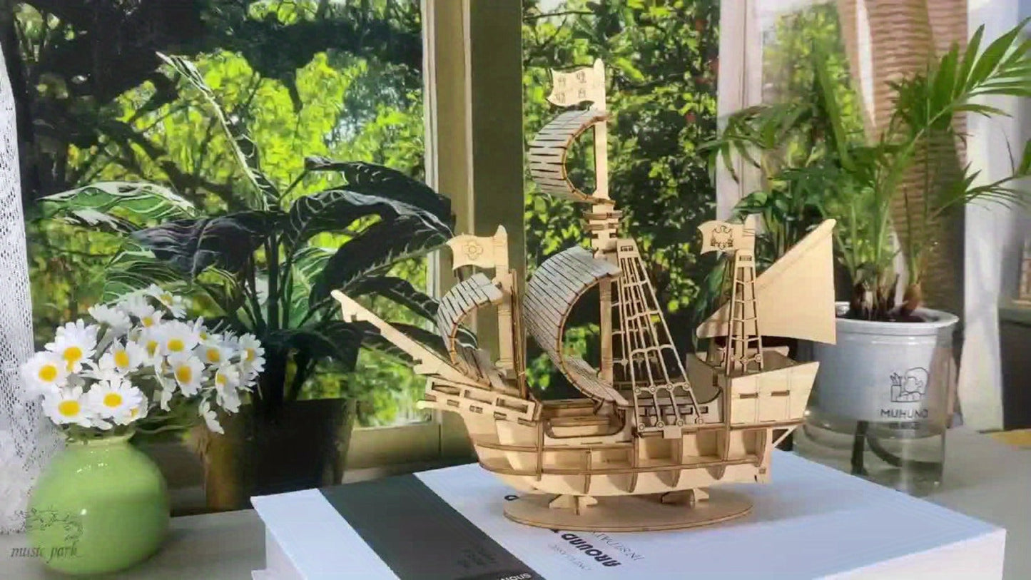 3D Wooden Model Kit Ocean Sailboat – DIY Assembly Puzzle for Adults & Teens, Handcrafted Sailing Ship Brain Teaser