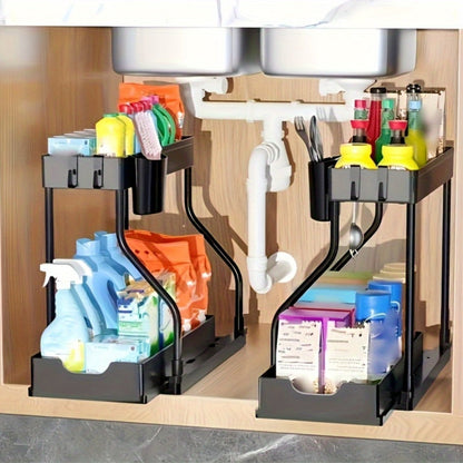 Two-Tier Under-Sink Organizer with Lower Sliding Basket, Four Removable Hooks and One Hanging Cup