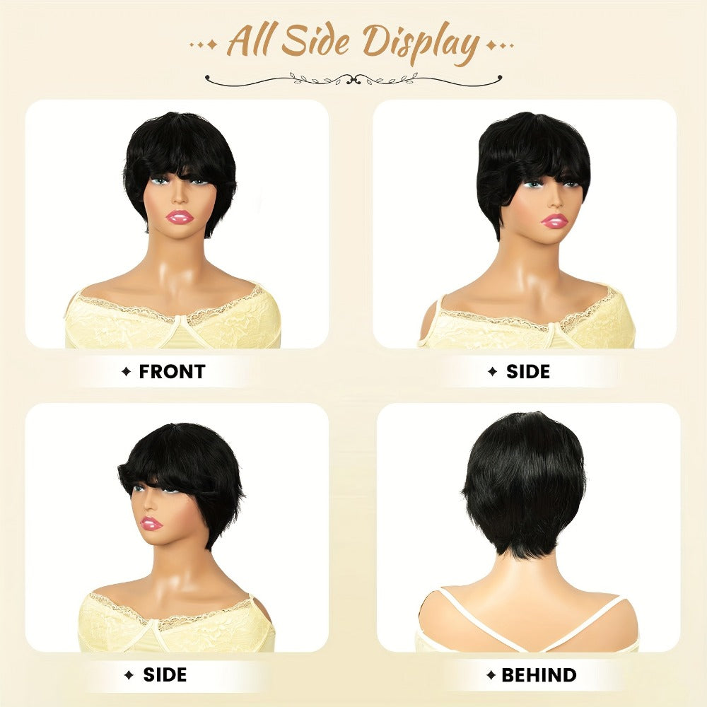 Pixie Bob Human Hair Wig with Bangs, Natural Black Full-Cap Hair Style and Short 8-Inch Length