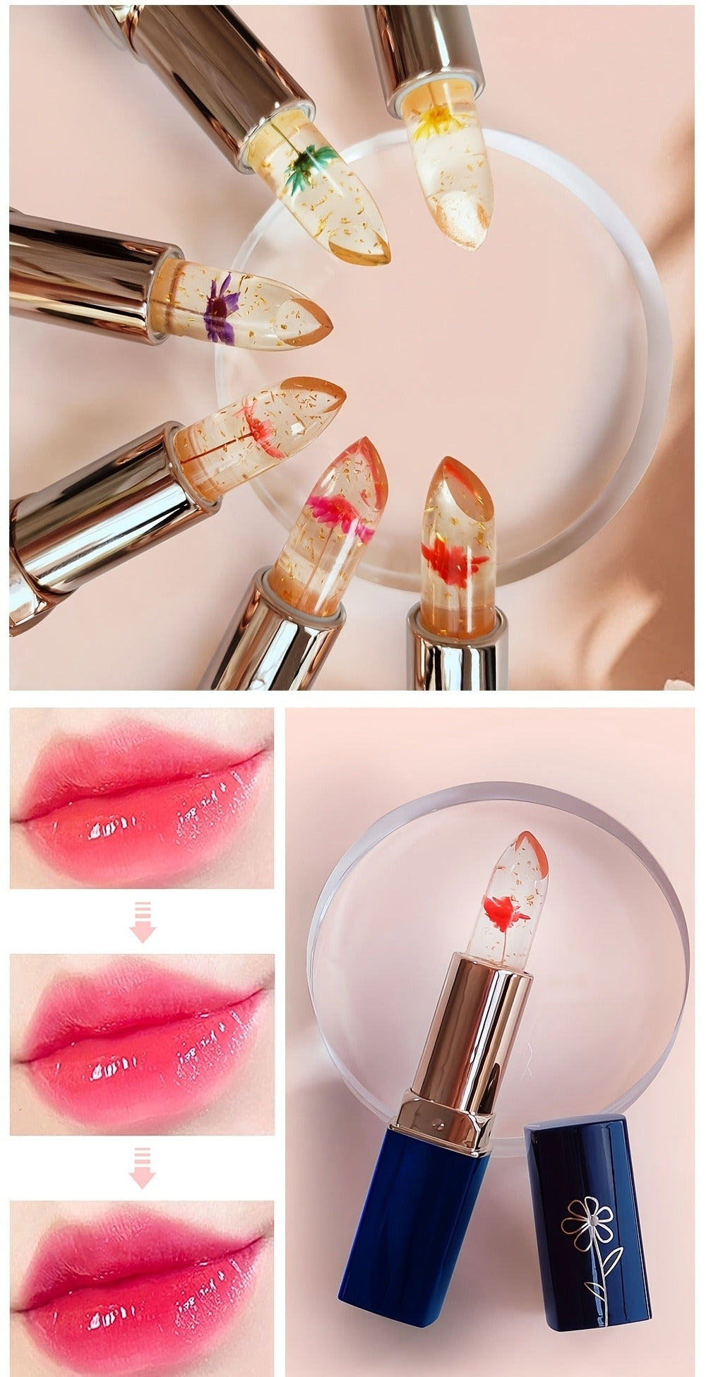 Flower Shaped pH Lip Balm Set 6pcs Individually Wrapped – Color Changing Transparent to Pink Tint, 6 Flavors Deep Moisturizing