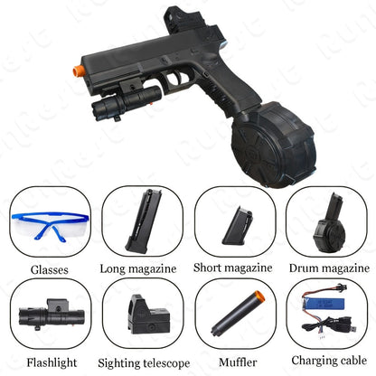 Black Electric Gel Blaster Set with Three Magazine Styles, Sight, Flashlight, Goggles and Charging Cable