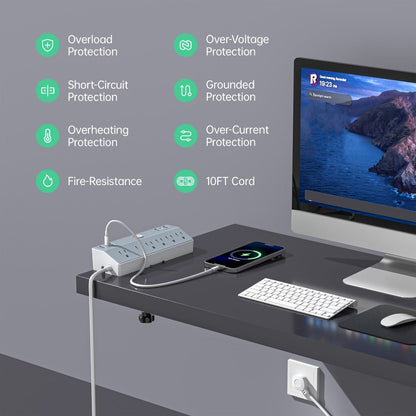 Power Strip Desk Clamp 12-in-1 with 6 AC Outlets, 4 USB-A, Dual PD 20W USB-C and 1800J Surge Rating