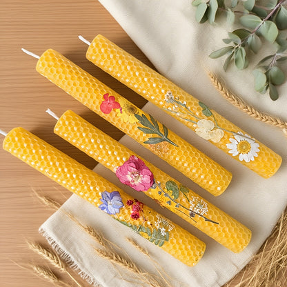 Floral Cone Candle Holders Set of 4, 10-Inch Decorative Beeswax Taper Candles for Holiday Parties