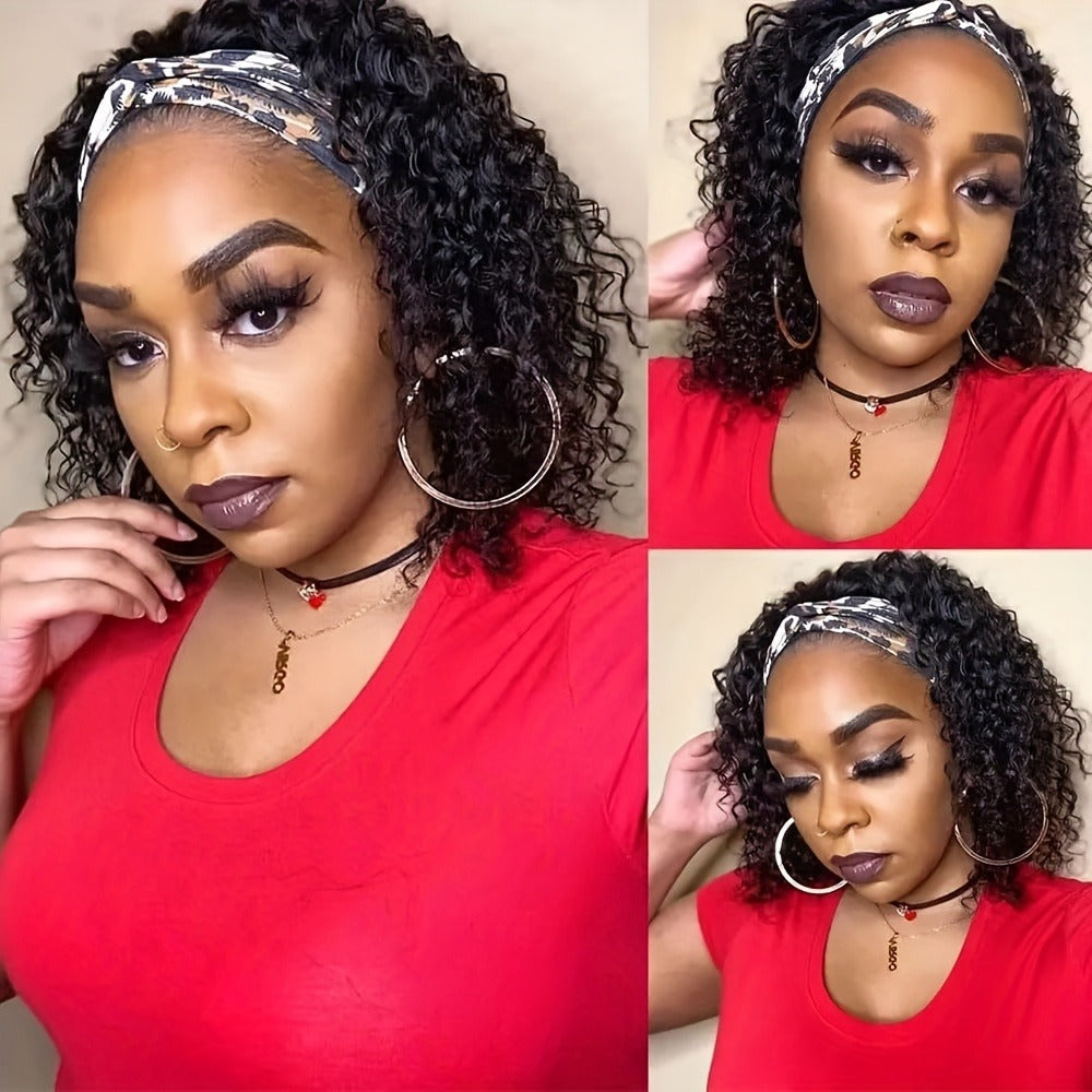 Headband Wig Human Hair Short Curly Pixie 14 Inch No Glue No Lace Glueless Wear and Go Natural, for Home, Travel and Salon Hair Styling