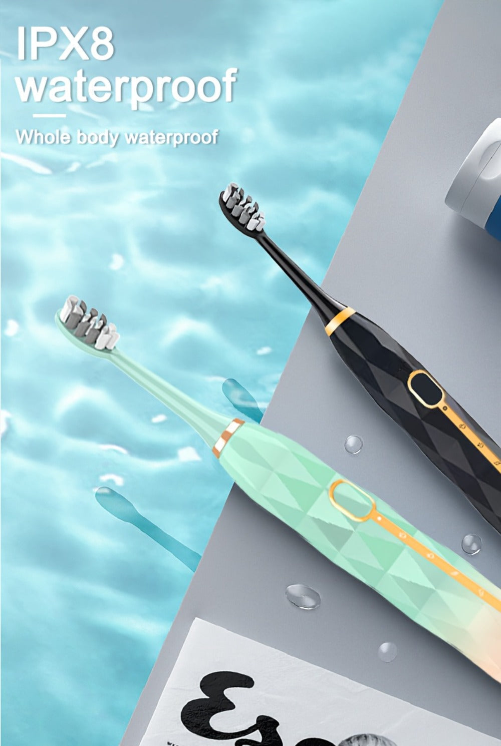 IPX8 Sonic Electric Toothbrush with 8 Replacement Brush Heads – Metal Shaft, USB Rechargeable 500mAh, Travel Case & Holder