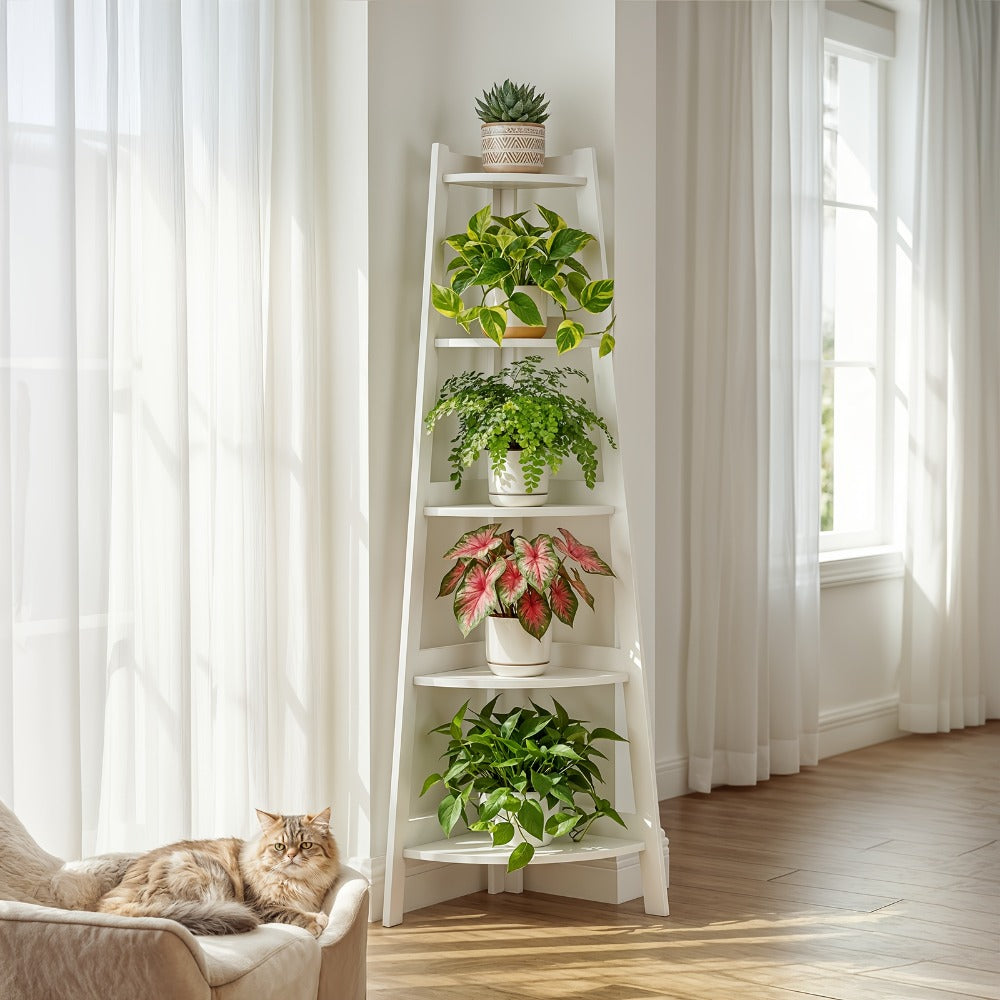 White Five-Tier Ladder-Style Freestanding Corner Shelf, Approximately 110 cm High and 34 cm Wide