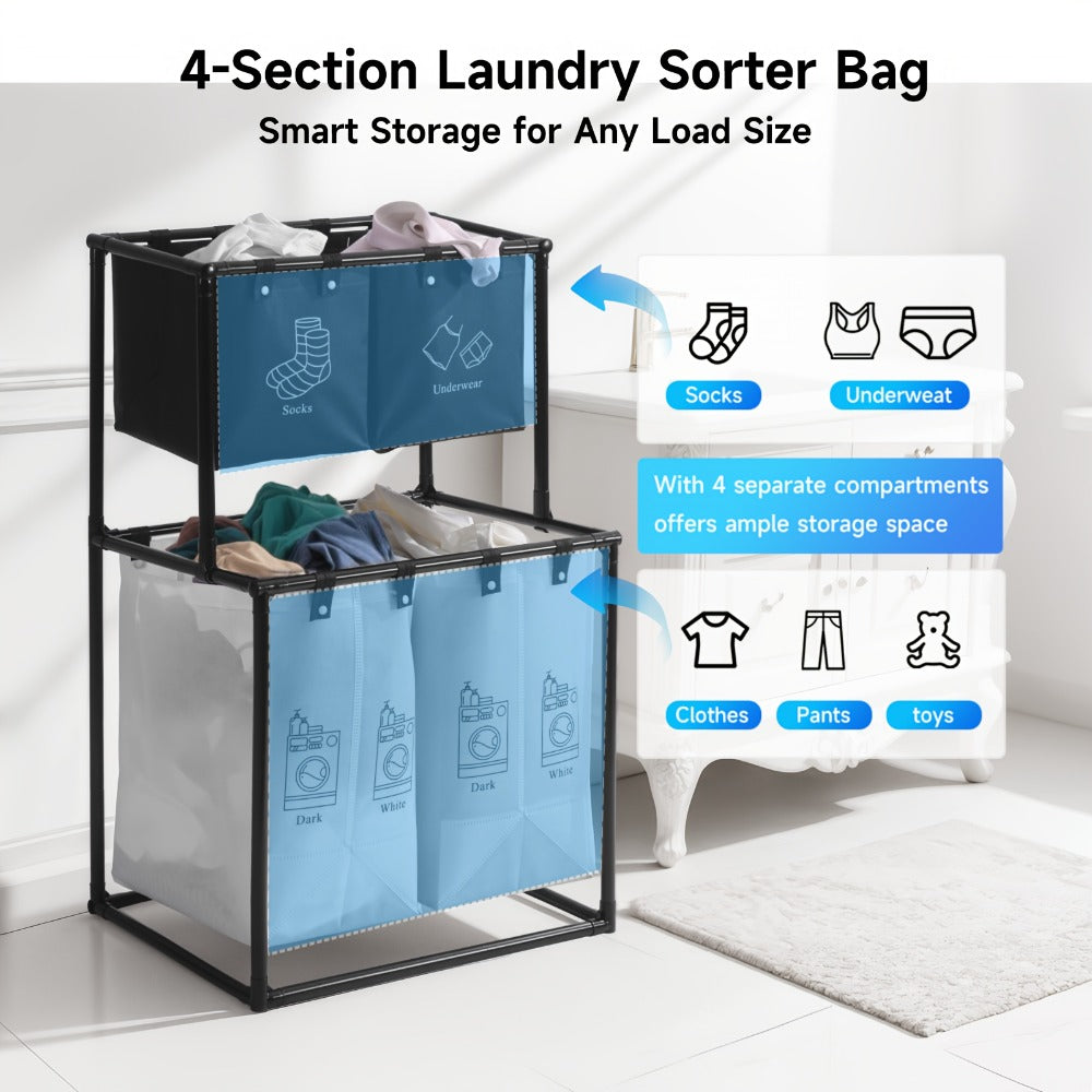 Laundry Sorter 2 Compartment Hamper – 2-Tier Metal Frame Laundry Hamper with Handles, Breathable Mesh Bags & Cable Ties