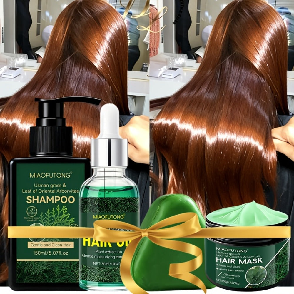 Four-Piece Usman Grass Hair Care Kit with 120g Shampoo Bar, Oil and Mask Container Formats