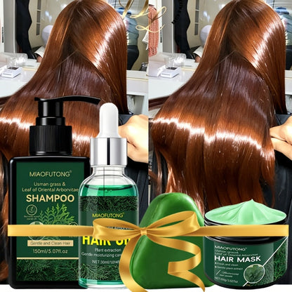Four-Piece Usman Grass Hair Care Kit with 120g Shampoo Bar, Oil and Mask Container Formats