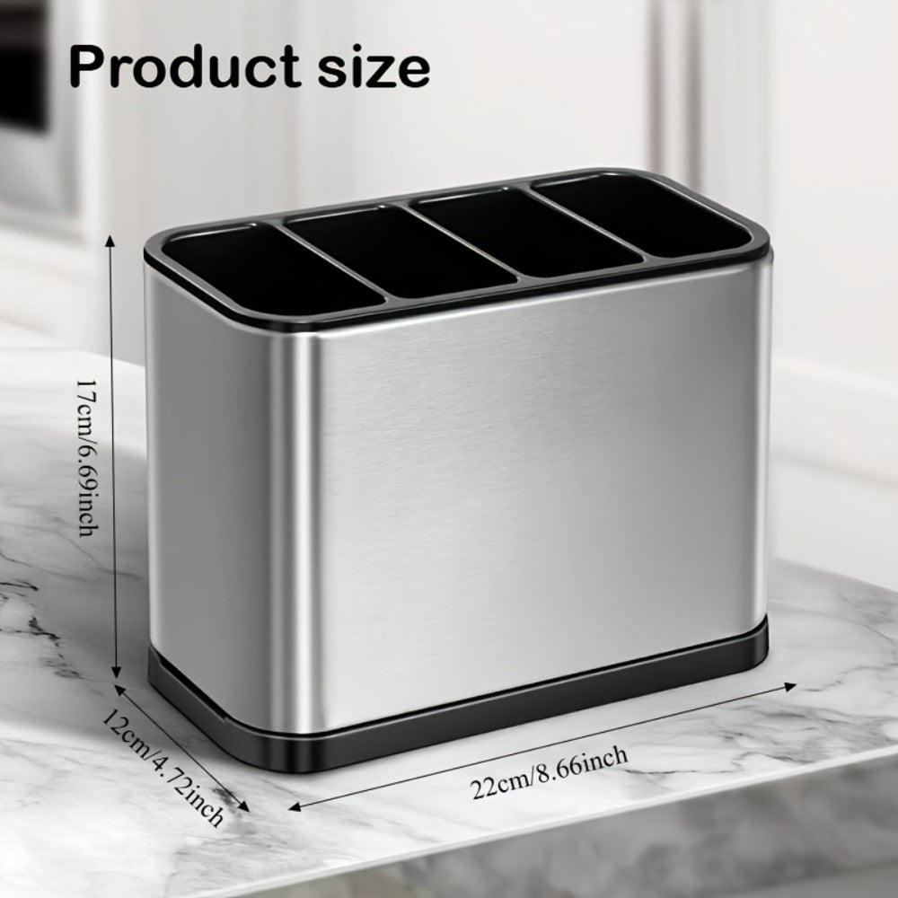 Utensil Holder Stainless Steel Cutlery Organizer 4-Compartment Countertop Caddy Anti-Slip for Home Cooking, Dining and Outdoor Meals