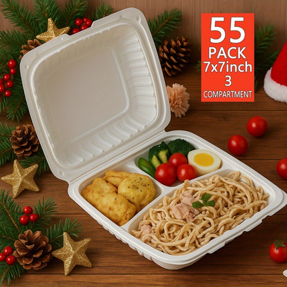 Disposable Food Containers Take Out Boxes with Lids - 7" 8" 9" Plastic Clamshell Meal Prep Containers 1 & 3 Compartment Reusable White