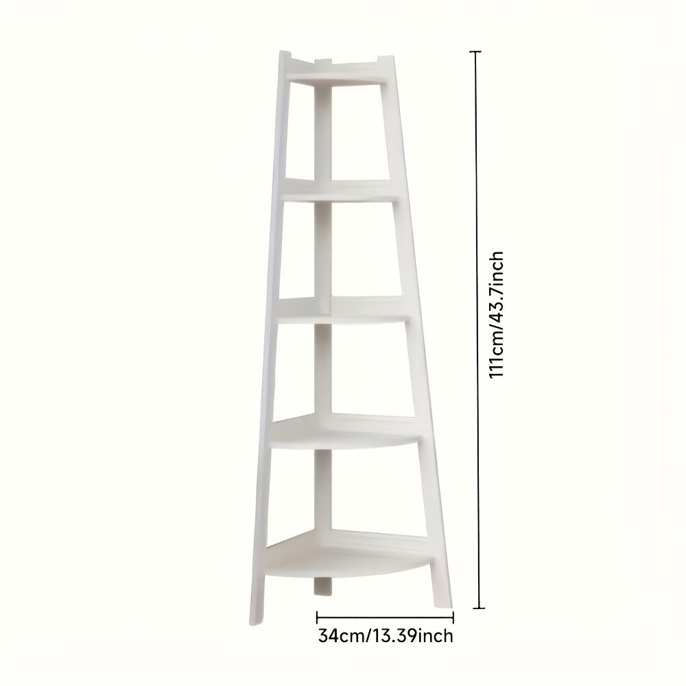 White Five-Tier Ladder-Style Freestanding Corner Shelf, Approximately 110 cm High and 34 cm Wide