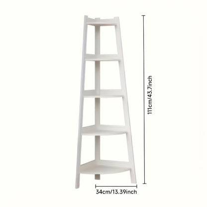 White Five-Tier Ladder-Style Freestanding Corner Shelf, Approximately 110 cm High and 34 cm Wide