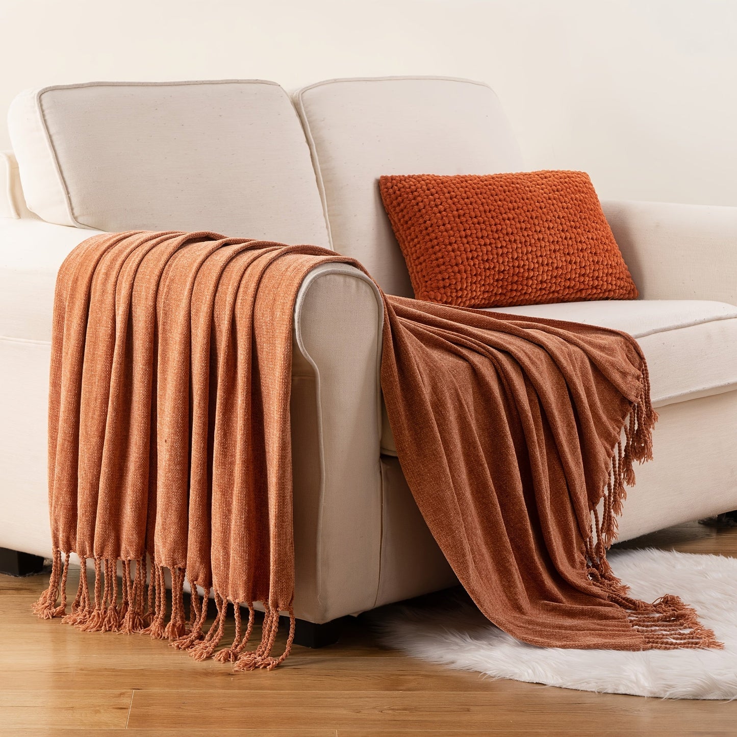 Chenille Fringe Throw Blanket, 180-200gsm Velvety Decorative Throw for Sofa & Couch, Home Decor, 50”×60”