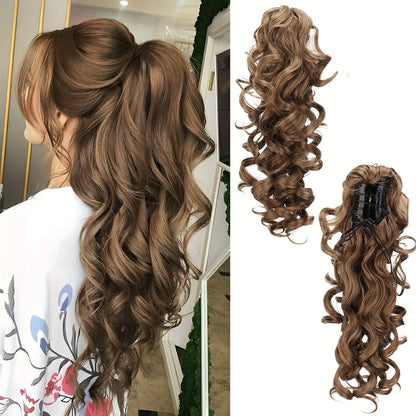 Scroll Curl Claw Clip Ponytail Extension Gradient Color 16 Inch | Synthetic Heat Resistant Hairpiece 5 Colors Linen Brown Golden Grey