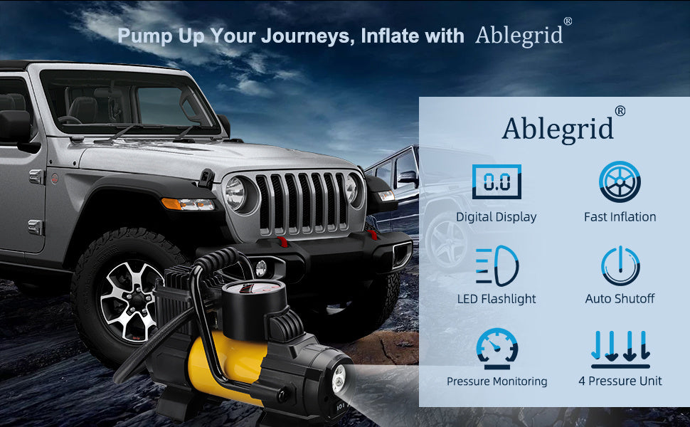 150 PSI 12V Tire Inflator with Analog Pressure Gauge, Carry Bag, Hose Accessories and Yellow or Blue Housing
