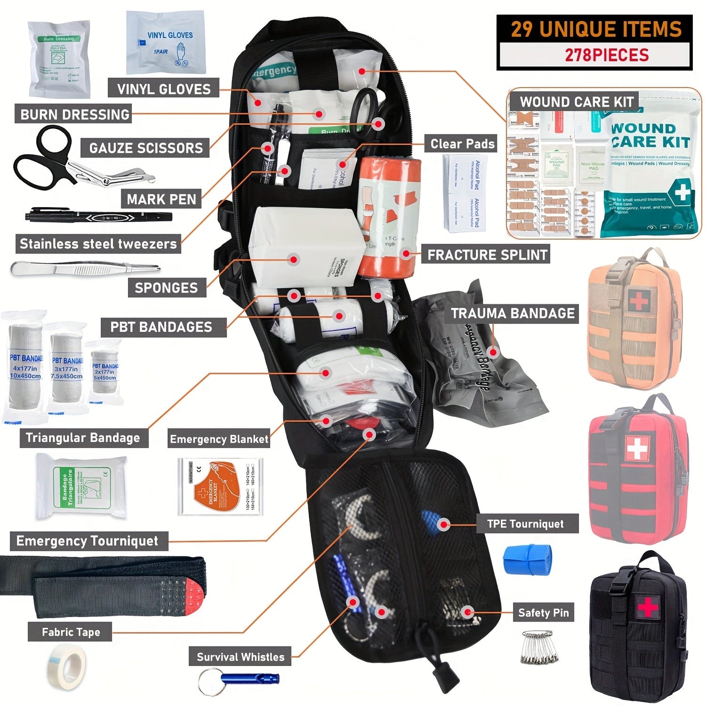 278-Piece First Aid Supply Kit in Roll-Out Tactical Bag with Black, Orange or Red Case Options