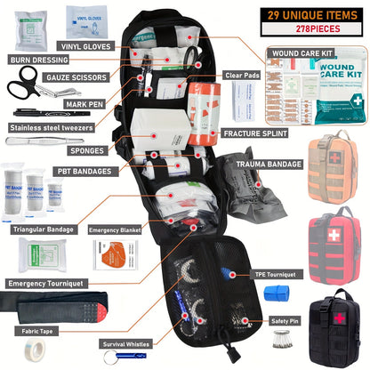 278-Piece First Aid Supply Kit in Roll-Out Tactical Bag with Black, Orange or Red Case Options