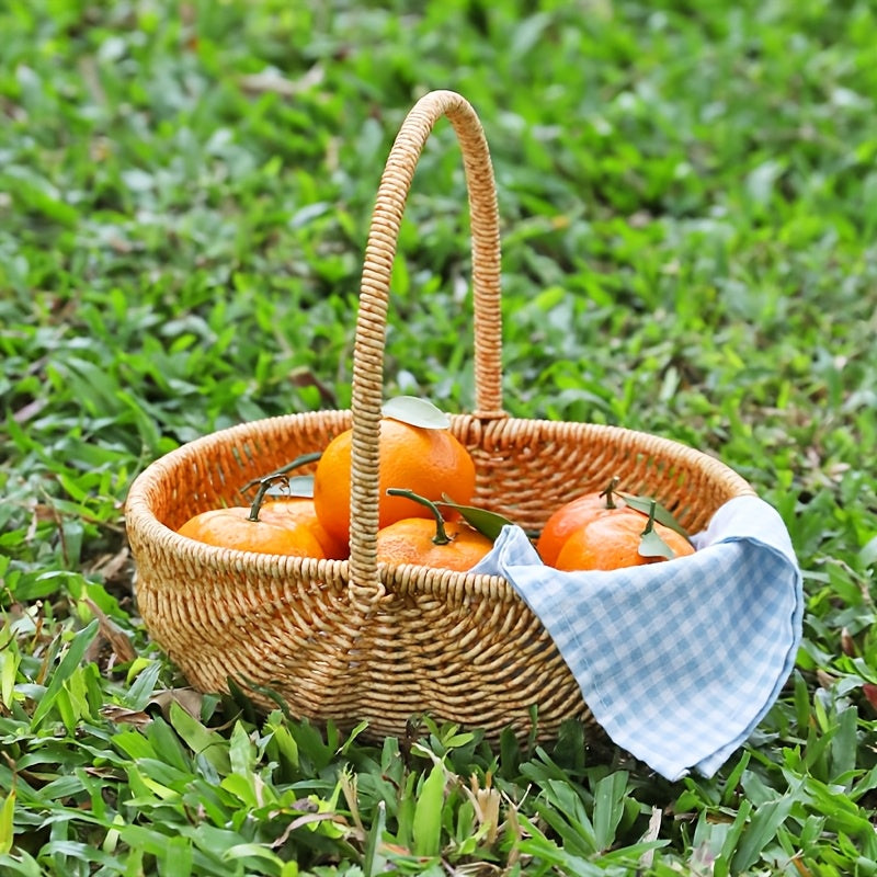 Handwoven Rattan Storage Basket with Carry Handle in Light Brown Medium Drain-Basket Format