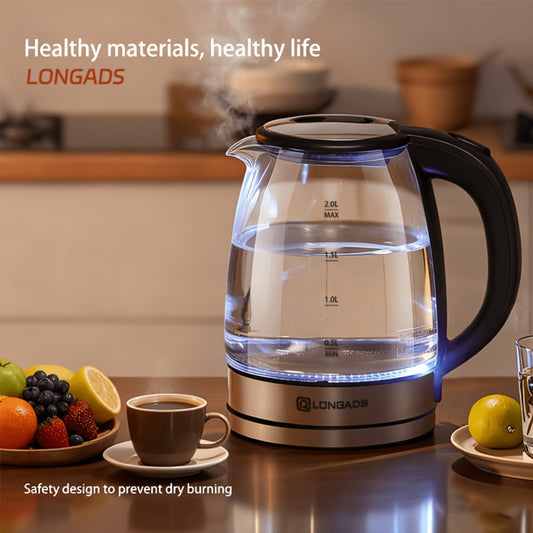 Electric Kettle by LONGADS, 2L 1000W Glass Body with Blue LED Indicator and Stainless Steel Heating Base