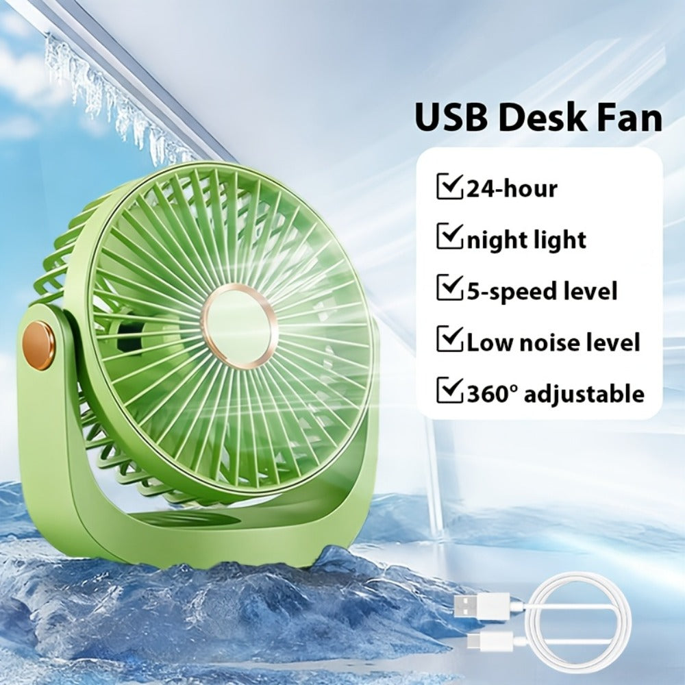 Portable Fan USB-Rechargeable Five-Speed Model with Desk, Wall, Ceiling and Hanging Placement Options