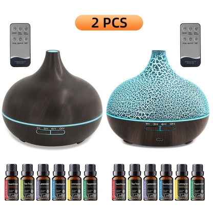 Two-Pack 550ml Essential Oil Diffuser Set with Remotes, Seven-Color Lights and 12 Oil Bottles