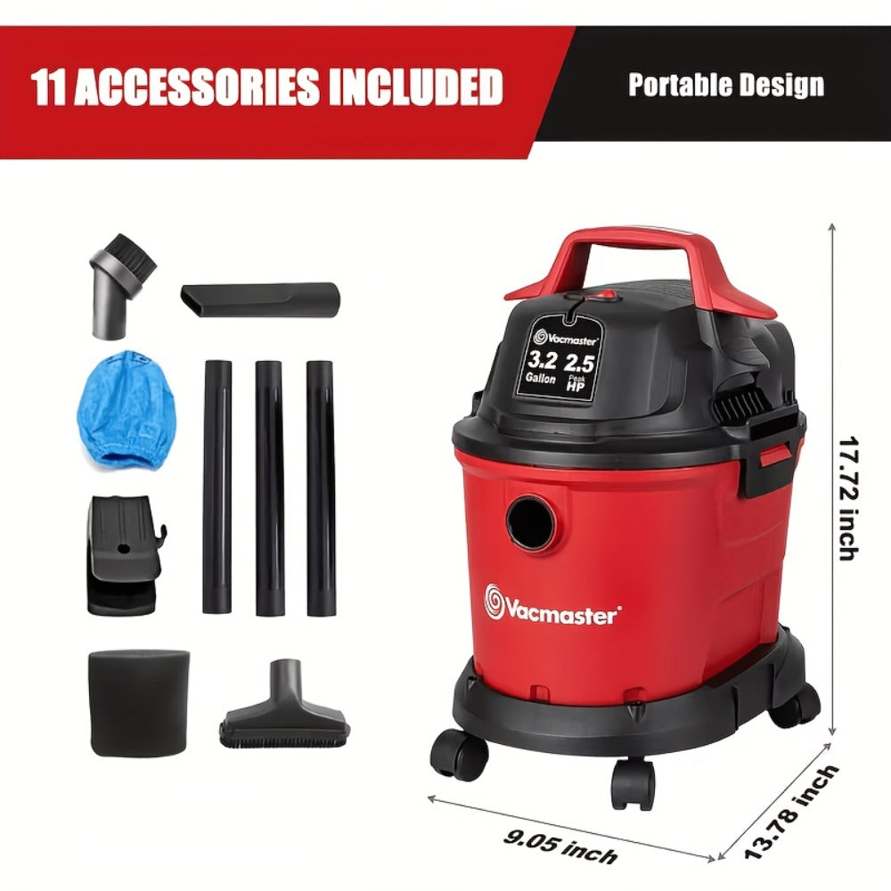 Wall Mount Wet Dry Vacuum 3.2 Gallon 2.5 Peak HP, Space-Saving Shop Vac with Cloth Filter for Wet Spills & Dry Debris
