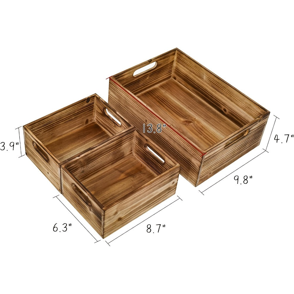 Wooden Crates with Handles Set of 3, Rustic Farmhouse Storage Boxes for Pantry, Shelf, Closet, Arts & Crafts