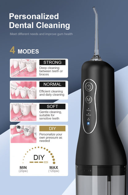 Water Flosser Cordless Black 300ml Oral Irrigator with Four Modes, Four Nozzles, 700mAh Battery, USB Charging and IPX7 Rating