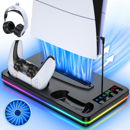 10 RGB Lights PS5 Cooling Stand with 3-Level Fan, Dual Controller Charging Station, USB Hub & Type-C Port