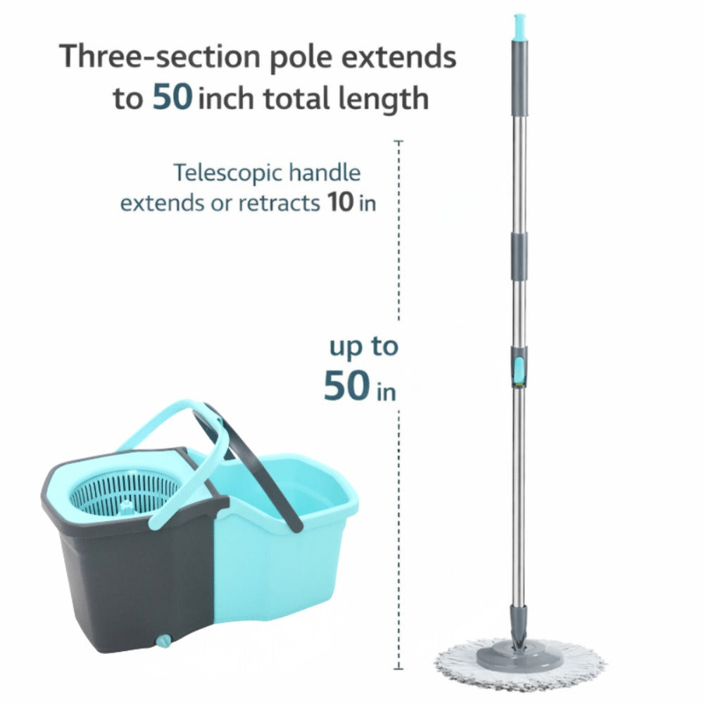 360 Spin Mop and Bucket Set with Wringer – Stainless Steel Extended Handle Spinning Mop Bucket System with Microfiber Mop Refills