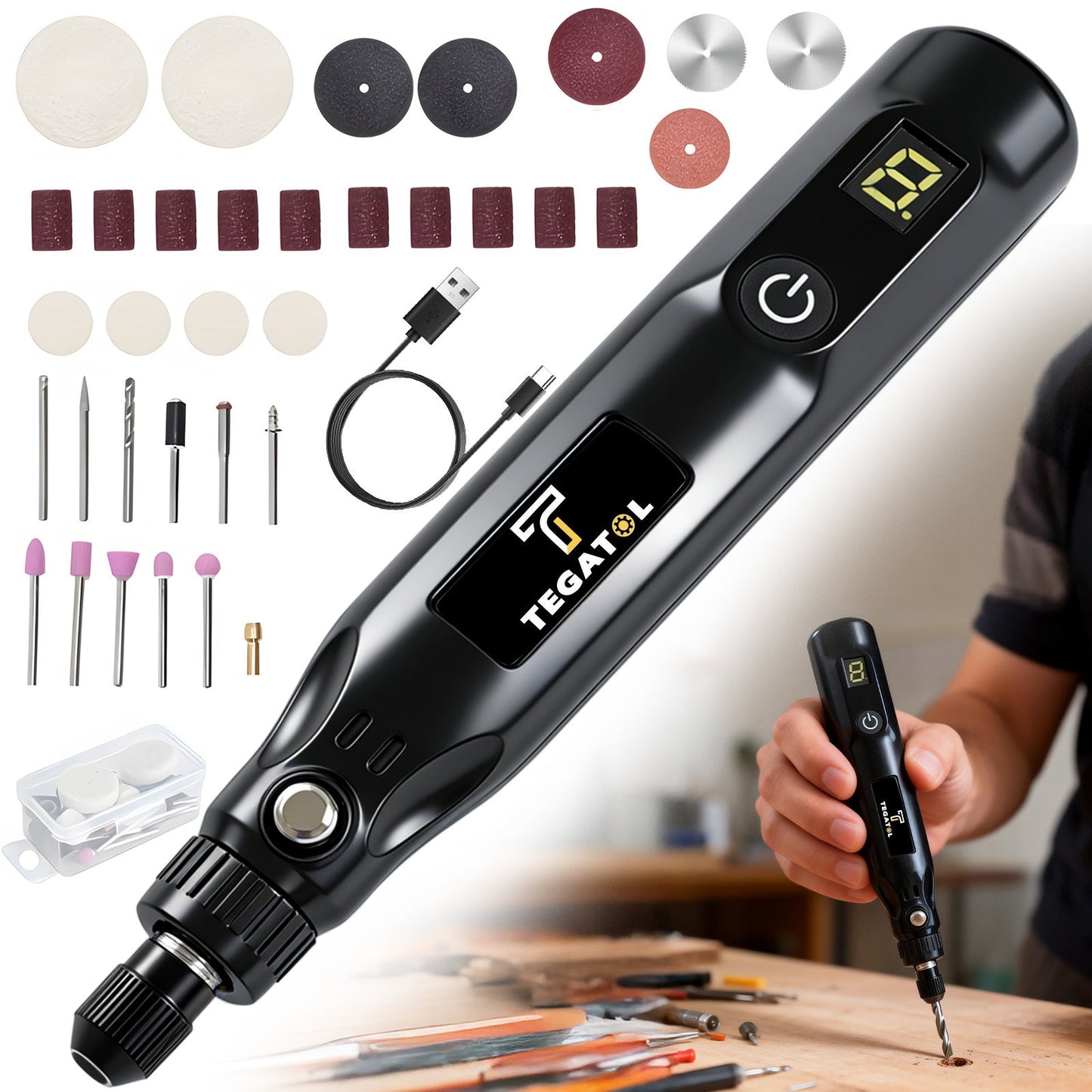 Power Tools TEGAT 3.7V Mini Cordless Rotary Tool Set with USB Charging and Black Detail Handpiece
