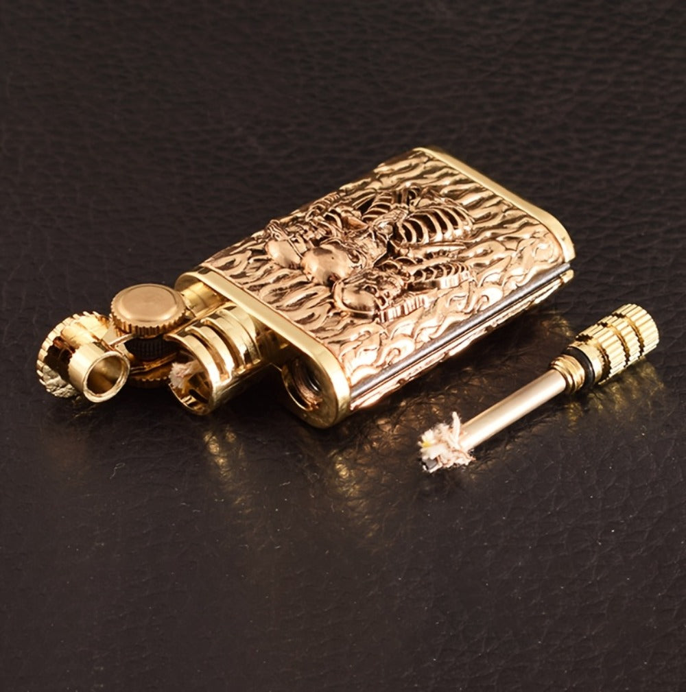 Kerosene Lighter 2-in-1 Permanent Match Flint Wheel Refillable, Golden Windproof Pocket Lighter with Built-In Match Strike