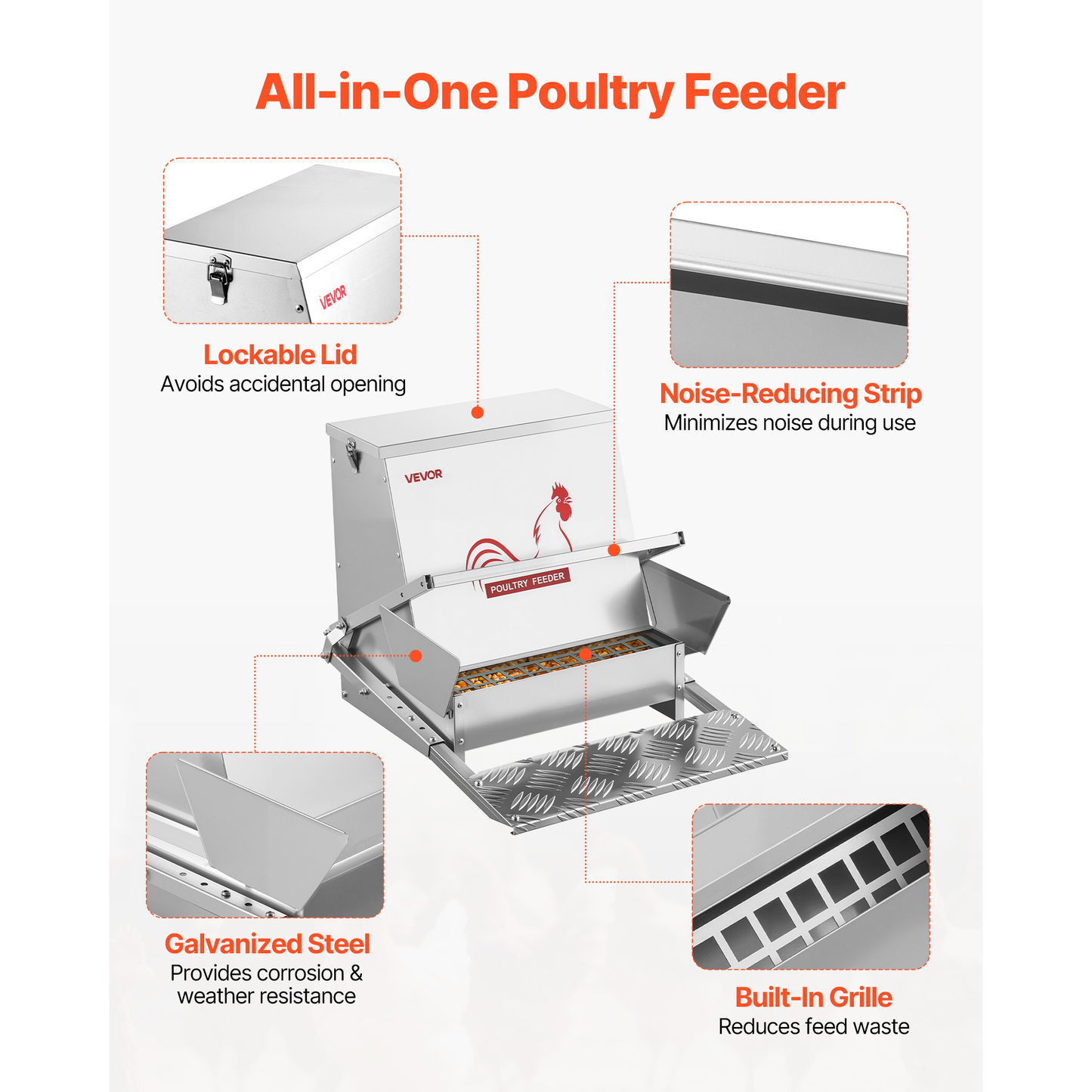Chicken Feeder Treadle Galvanized Steel Lockable for Garden, Patio and Yard Use, with the Listed Configuration