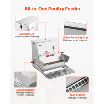 Chicken Feeder Treadle Galvanized Steel Lockable for Garden, Patio and Yard Use, with the Listed Configuration