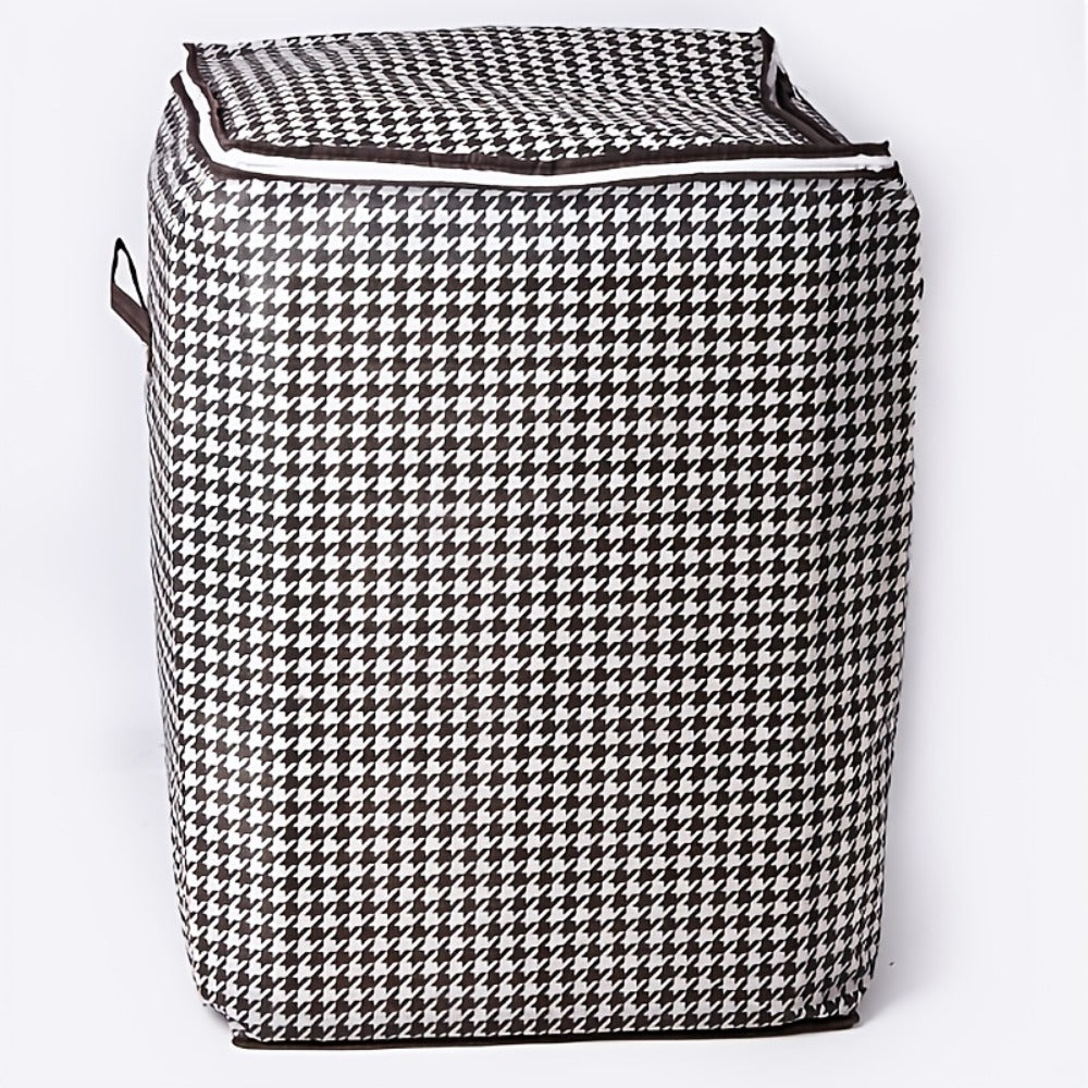Four-Piece Houndstooth Fabric Storage Box Set with Handles, Double Zippers and Black-and-White Pattern