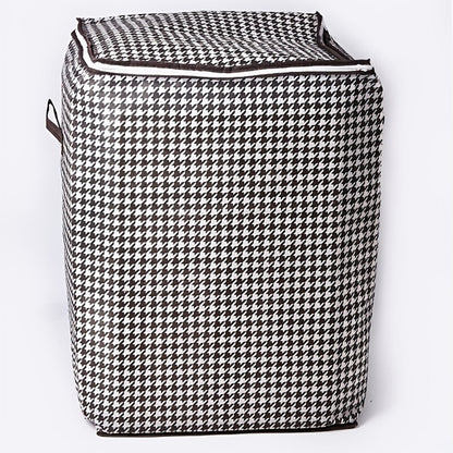Four-Piece Houndstooth Fabric Storage Box Set with Handles, Double Zippers and Black-and-White Pattern