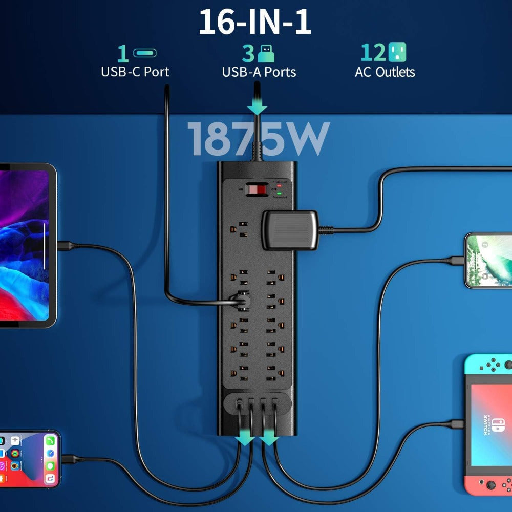 Surge Protector Power Strip 16-in-1 ANRMESUN with 12 AC Outlets, 3 USB-A, 1 USB-C, 2980J Marking and 5 ft Cord