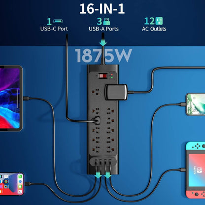 Surge Protector Power Strip 16-in-1 ANRMESUN with 12 AC Outlets, 3 USB-A, 1 USB-C, 2980J Marking and 5 ft Cord