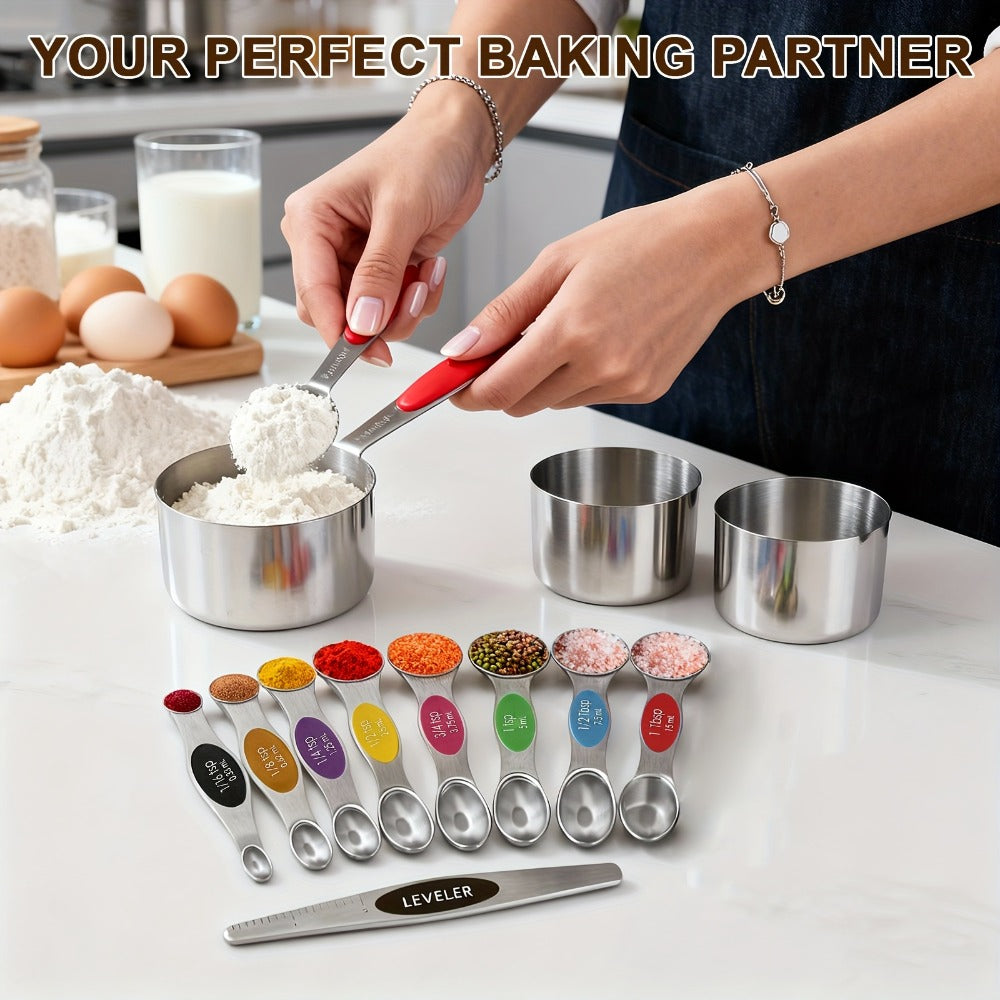 Stainless Steel Measuring Cups and Spoons Set 17 Piece – 8 Measuring Cups, 8 Double-Sided Spoons & 1 Leveler for Baking