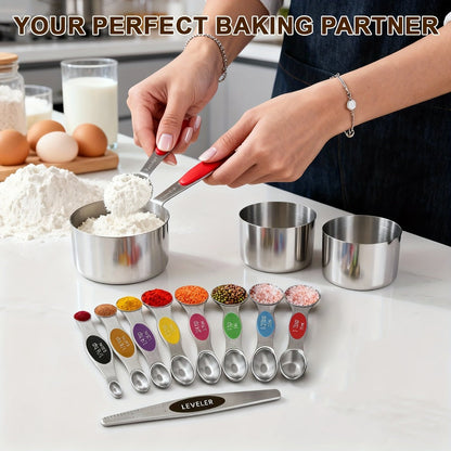 Stainless Steel Measuring Cups and Spoons Set 17 Piece – 8 Measuring Cups, 8 Double-Sided Spoons & 1 Leveler for Baking