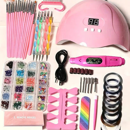 72-Piece Complete Nail Art Set with LED UV Lamp, Electric Nail Drill Pen, Gel Polish, Glue Drying Machine