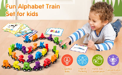Magnetic Wooden Alphabet Train Set 27PCS ABC Letter Learning Toy with 42 Double-Sided Flash Cards