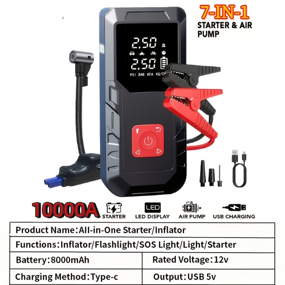 Portable Car Jump Starter 10000A – 9-in-1 Battery Booster with 350PSI Tire Inflator, LED Light, USB-C Fast Charging