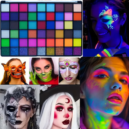 54 Color Face & Body Paint Kit with UV Fluorescent, Matte & Glitter Shades, Pattern Templates, Brushes &
