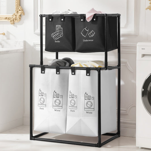 Laundry Sorter 2 Compartment Hamper – 2-Tier Metal Frame Laundry Hamper with Handles, Breathable Mesh Bags & Cable Ties