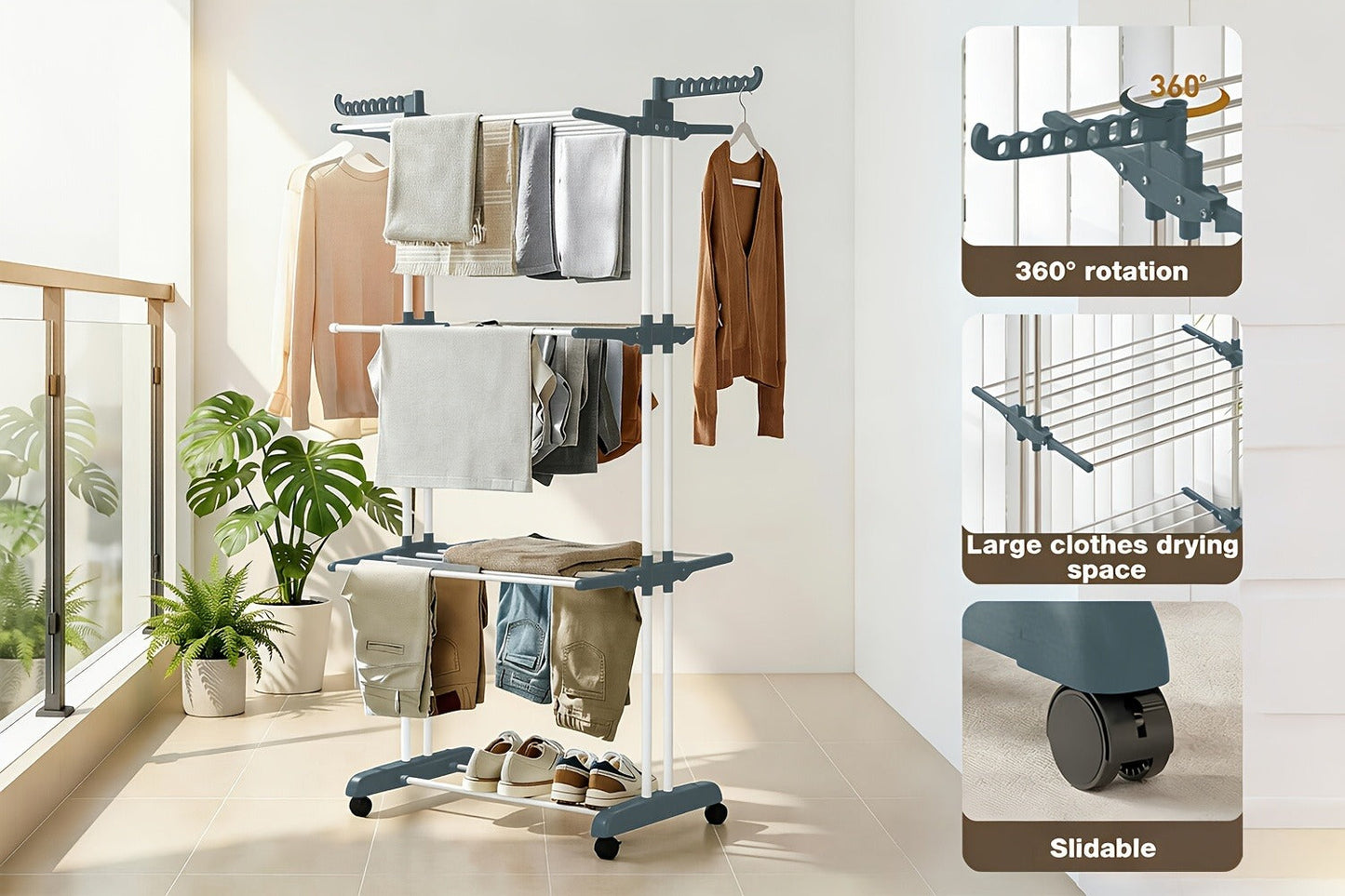 Clothes Drying Rack 4-Tier Foldable Metal Laundry Rack with Rolling Casters, Holds 30+ Garments, Adjustable Shelf Heights